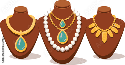Three elegant necklaces displayed on brown busts, featuring pearls and gemstones, representing jewelry and luxury, fine jewelry