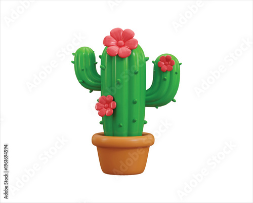 Cactus plant icon 3d render concept of cactus with pink flower icon in pot succulent indoor plants icon vector illustration