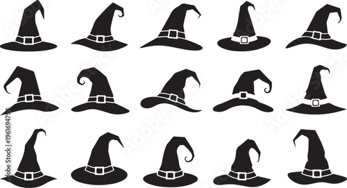 Collection of black witch hats with white buckles on plain background