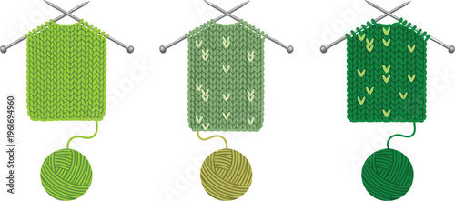 Knitted fabric swatches with yarn balls and knitting needles, cozy handmade textile vector illustration in green shades for crafting, hobby, and winter design