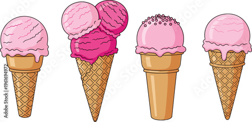 Ice cream cones collection with multiple scoops and waffle cones, sweet frozen dessert vector illustration in cute cartoon style for summer food design