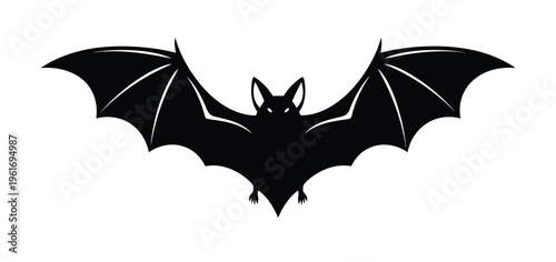 Vector of a bat with fully extended wings and pointed ears flying across a white background