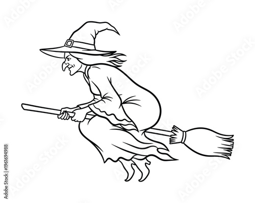 Vector of an old witch flying on a broom with a pointed hat in mid-air