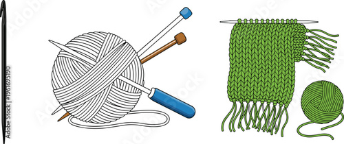 Knitting tools set with crochet hook, yarn ball, needles, and knitted scarf, detailed handmade craft vector illustration for textile hobby and cozy winter design
