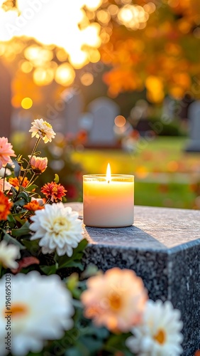 Close-up of a lit candle atop a gravestone with flower arrangement, autumn trees in background