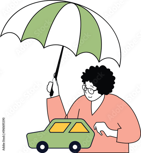 A person holding an umbrella while driving a small car in the rain with a thoughtful expression