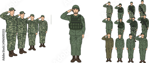 Military soldiers saluting set in uniform camouflage, disciplined army personnel vector illustration for defense, patriotism, and armed forces design themes