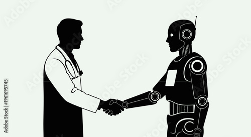 Doctor and robot shaking hands in a futuristic medical setting with black and white silhouette