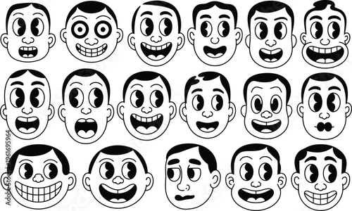 A collection of twenty vintage cartoon character faces showcasing various humorous expressions and simple hairstyles