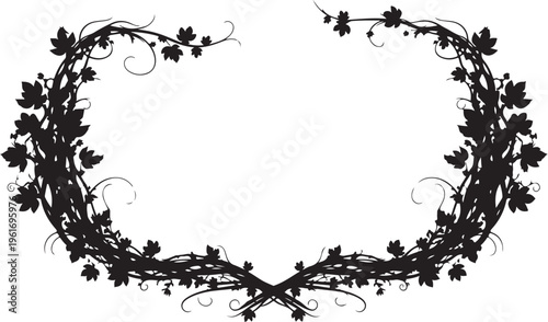 Black floral wreath, leafy border, twig frame, elegant decoration, vector illustration