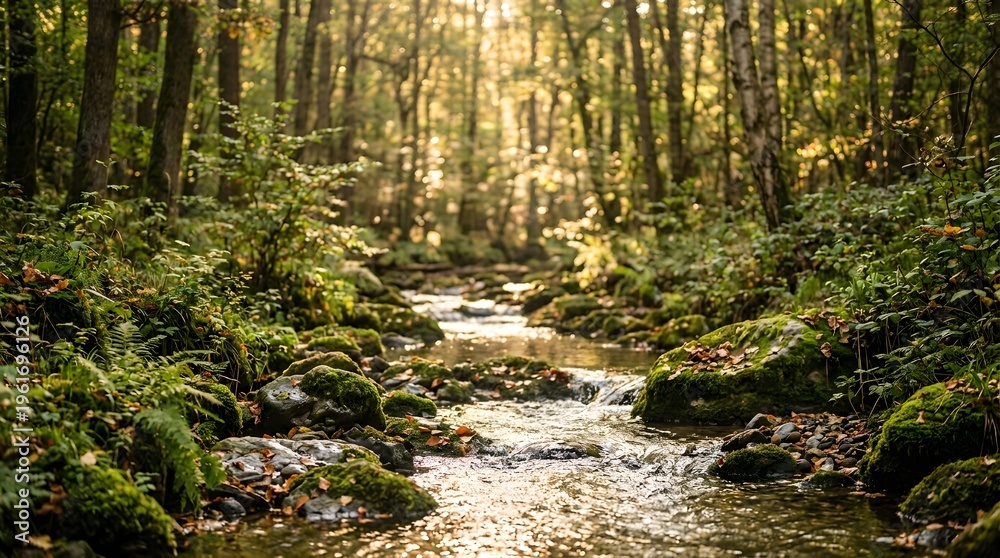 Fototapeta premium Serene forest stream flowing through lush green woodland in sunlight