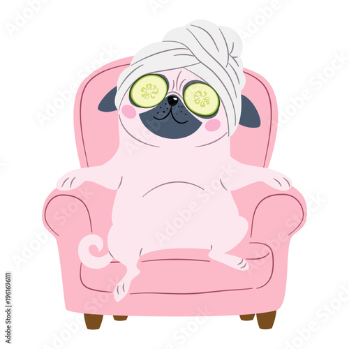 A cute pug is sprawled out on a chair, with a towel on its head and a cucumber mask over its eyes. A flat vector illustration in a simple, childlike style . Vector illustration