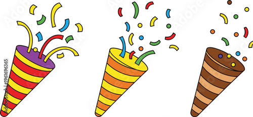 Party poppers with colorful confetti bursts, festive celebration cones vector illustration for birthday, holiday, and event decoration in playful cartoon style