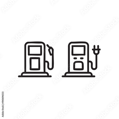 An illustration depicts two gas pumps side by side, one with a nozzle and the other with a charging plug, showcasing fueling options.
