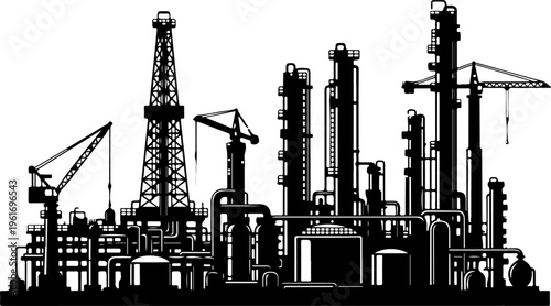 Oil rig and refinery complex against silhouette vector illustration