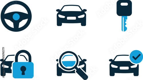 A complete set of stylized blue car and automotive icons for various industry related themes