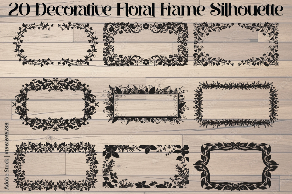 Fototapeta premium 20 Decorative Floral Frame Silhouettes, Ornate Border Templates, Floral Illustration, Black Vector Borders