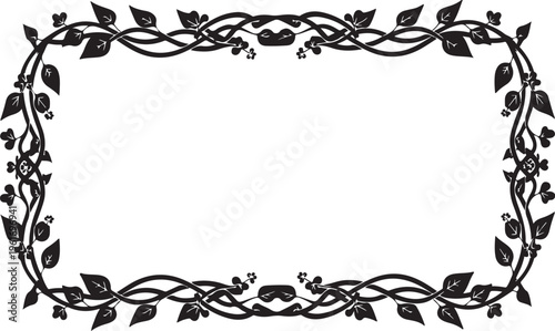 Vintage floral border, black leafy frame, rectangular vine decoration, elegant floral pattern