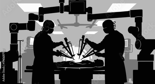 Surgeons in operating room with medical equipment performing surgery