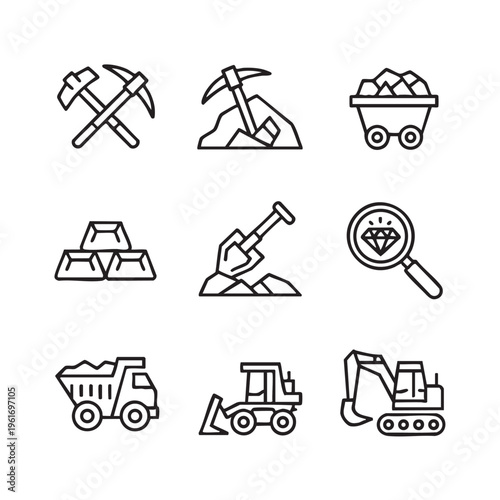 Mining industry icons depicting various tools and machinery used for extracting minerals and resources in a quarry or excavation site with pickaxes, trucks, and excavators.