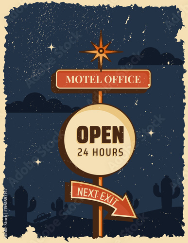 Retro roadside vertical poster classic American motel office sign with open 24 hours message and arrow. Vector illustration in midcentury 1950s style for print, wall art