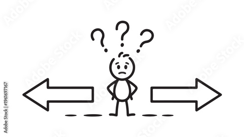 Stick figure person standing between two arrows with question marks For decision making and confusion concepts