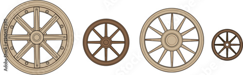Vintage wooden wagon wheels set in different styles and sizes, rustic transport vector illustration isolated for western, historical, and countryside design themes