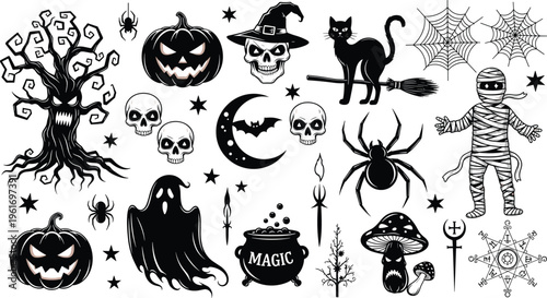 Halloween Spooky Icons Set with Pumpkin Skull Ghost Witch Cat Spider and Creepy Elements, Black and White Vector Illustration Collection