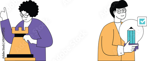 Two individuals collaborating with one placing a block on a structure and other holding a pencil trophy with a checkmark