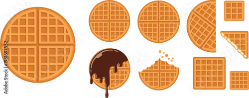 Waffle collection with whole, sliced, and chocolate topped waffles in different shapes, sweet breakfast dessert vector illustration for bakery, cafe, and menu design