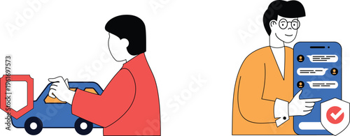 Person handing over package from delivery vehicle while another checks digital confirmation on tablet device