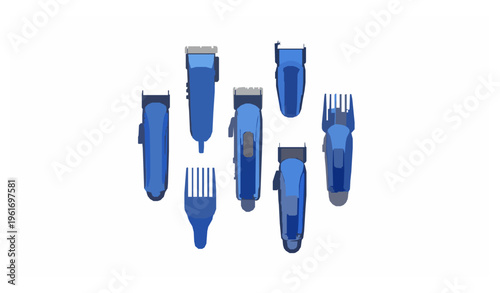Blue electric hair clipper collection vector with 3D beard trimmers in circular composition isolated on white