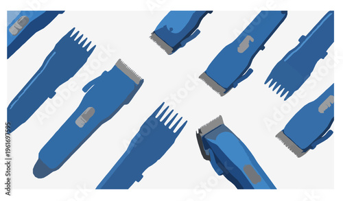 Electric hair clipper vector set with blue beard trimmers in multiple angles isolated on white