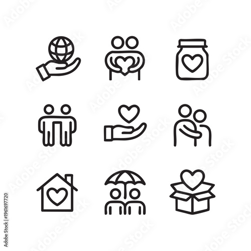 A collection of line icons depicting people helping each other with hearts, globe, and charity.