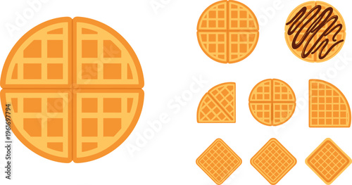 Waffle set with whole round waffle and sliced pieces, sweet breakfast dessert vector illustration with different shapes for bakery menu and food design