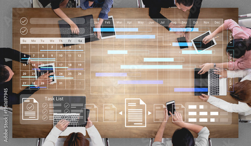 Εκτύπωση καμβά A modern office scene showcasing a collaborative project planning session with diverse tools, calendars, and task lists for effective time management and productivity