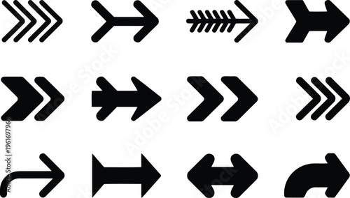 A diverse assortment of black arrow icons provides essential visual guidance for navigation and functionality across digital platforms