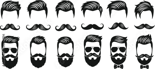 Men hairstyle and beard silhouette collection, modern barber haircuts, mustaches and beards styles set for grooming, fashion, logo design, branding, black vector illustration