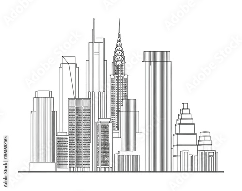 Vector of modern skyscrapers with varied architectural designs in a cityscape silhouette