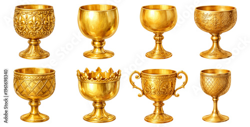 Watercolor gold royal chalice and medieval goblet collection illustration isolated on white background.