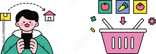 A person shopping online for groceries using a smartphone while ordering fresh produce and household items for delivery