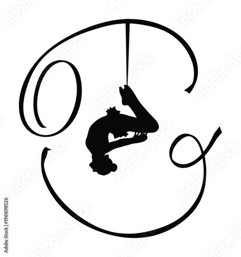 Dynamic vector silhouette of a person performing aerial acrobatics on a suspended apparatus