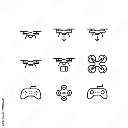 A collection of drone icons with various controllers and flight patterns depicted in a simple line art style on a white background.