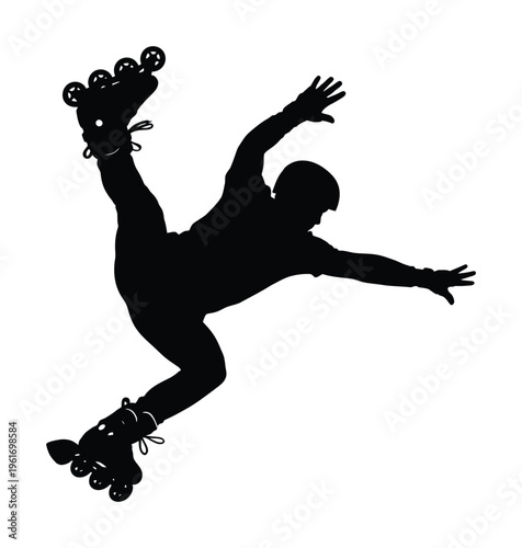 Vector silhouette of a person performing a roller skating trick mid-air with a dynamic posture
