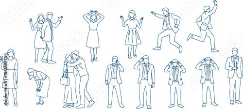 People outline illustration set, modern men and women expressing emotions, gestures and daily activities collection for web, app, ui, infographic, minimal line vector design