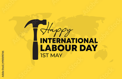 Happy International Labour Day May 1st Celebration with Hammer Icon on Yellow Background