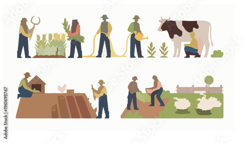 Minimal Farm Agriculture Workers Harvest and Livestock Care Vector Illustration
