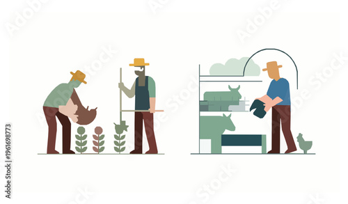 Farm Workers Agriculture Harvesting Gardening Animal Care Vector Illustration Set