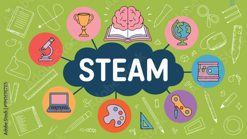 A decorative pattern design on a black background features STEAM education icons.