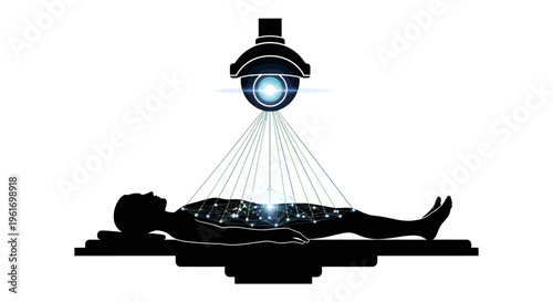 Person lying on medical scanning table with machine emitting blue light beams